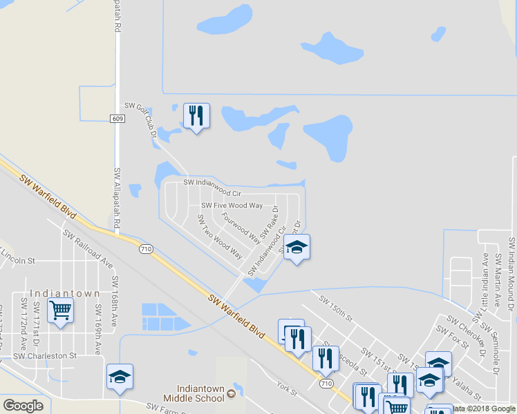 map of restaurants, bars, coffee shops, grocery stores, and more near 16162 Southwest Five Wood Way in Indiantown
