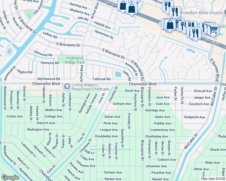 map of restaurants, bars, coffee shops, grocery stores, and more near 49 Cheshire Street in Port Charlotte