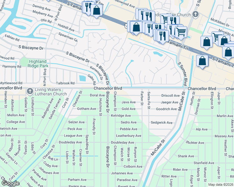 map of restaurants, bars, coffee shops, grocery stores, and more near 13317 Chancellor Boulevard in Port Charlotte