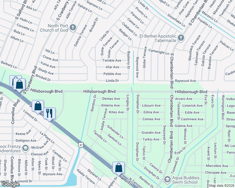 map of restaurants, bars, coffee shops, grocery stores, and more near 15459 Hillsborough Boulevard in Port Charlotte