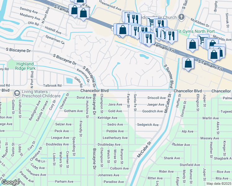 map of restaurants, bars, coffee shops, grocery stores, and more near 13365 Chancellor Boulevard in Port Charlotte