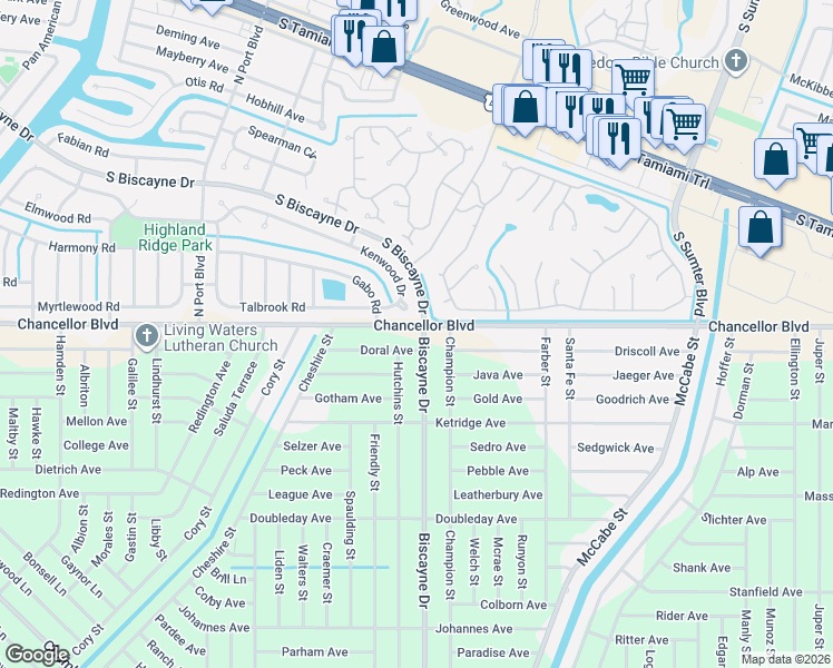 map of restaurants, bars, coffee shops, grocery stores, and more near 13259 Chancellor Boulevard in Port Charlotte