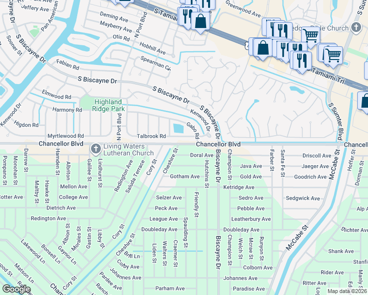 map of restaurants, bars, coffee shops, grocery stores, and more near 13171 Chancellor Boulevard in Port Charlotte