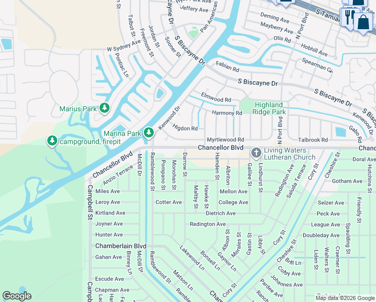 map of restaurants, bars, coffee shops, grocery stores, and more near 10 Darrow Street in Port Charlotte