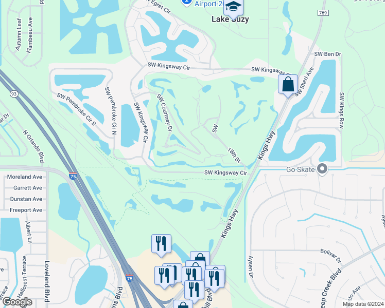 map of restaurants, bars, coffee shops, grocery stores, and more near 11265 Southwest Courtney Drive in Lake Suzy
