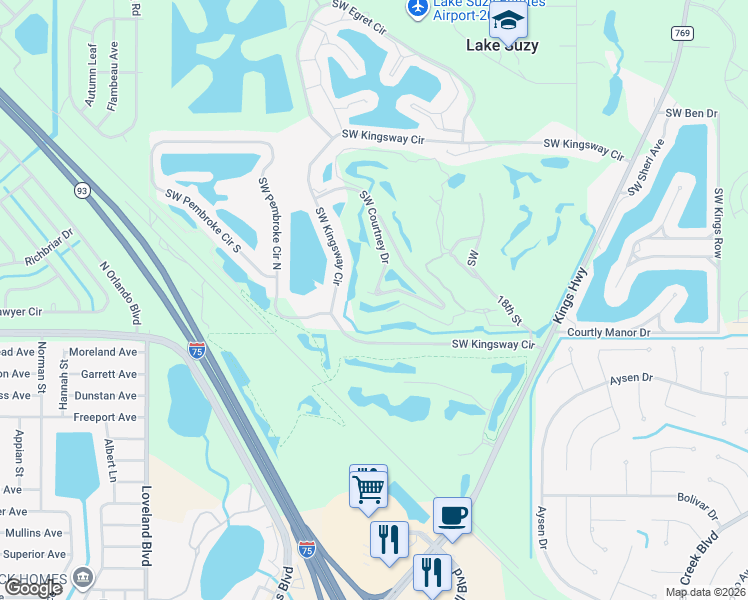 map of restaurants, bars, coffee shops, grocery stores, and more near 11413 Southwest Courtney Drive in Lake Suzy