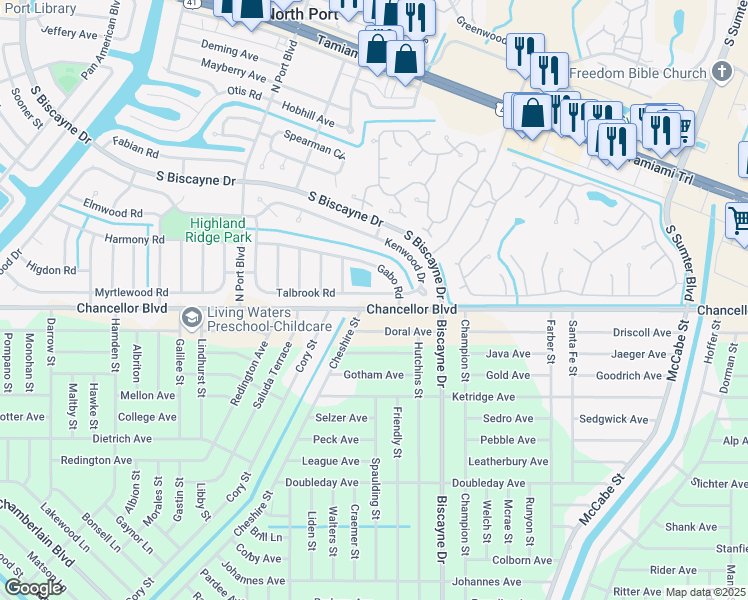 map of restaurants, bars, coffee shops, grocery stores, and more near 13171 Chancellor Boulevard in Port Charlotte