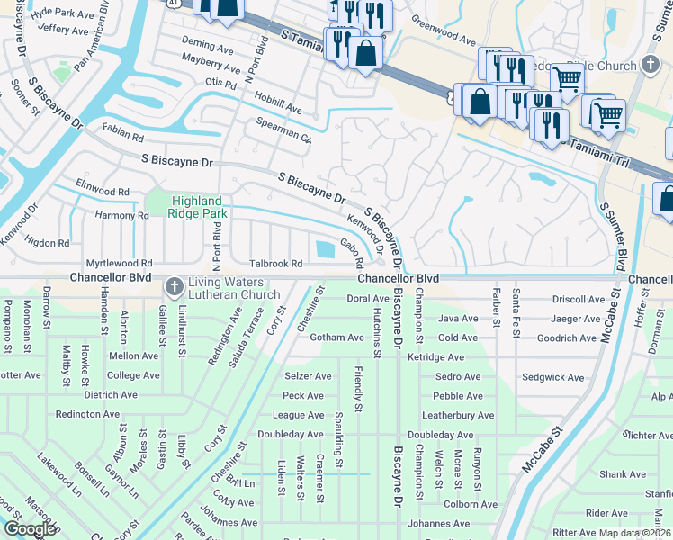 map of restaurants, bars, coffee shops, grocery stores, and more near 13171 Chancellor Boulevard in Port Charlotte