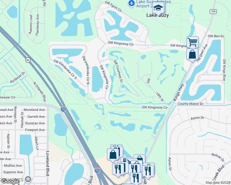 map of restaurants, bars, coffee shops, grocery stores, and more near 11413 Southwest Courtney Drive in Lake Suzy