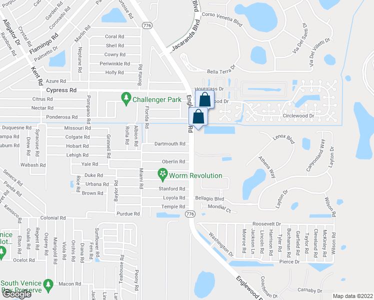 map of restaurants, bars, coffee shops, grocery stores, and more near 24 Clemson Road in Venice