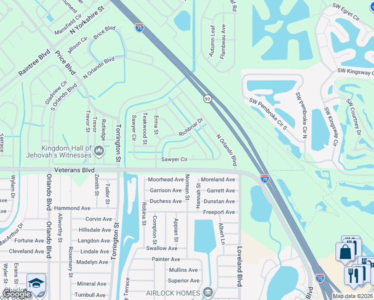 map of restaurants, bars, coffee shops, grocery stores, and more near 1376 Red Oak Road in North Port