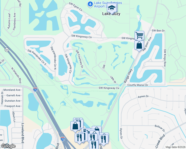 map of restaurants, bars, coffee shops, grocery stores, and more near 11265 Southwest Courtney Drive in Lake Suzy