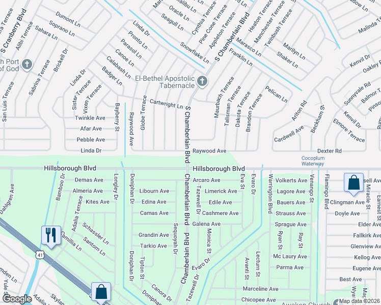 map of restaurants, bars, coffee shops, grocery stores, and more near 5461 South Chamberlain Boulevard in North Port