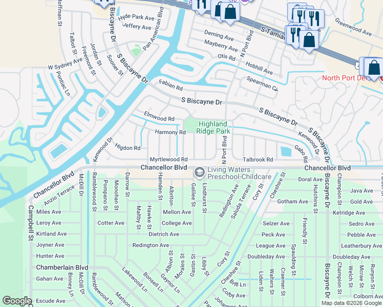 map of restaurants, bars, coffee shops, grocery stores, and more near 7583 Darlene Street in North Port