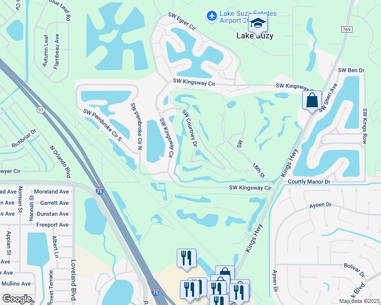 map of restaurants, bars, coffee shops, grocery stores, and more near 11423 Southwest Courtney Drive in Lake Suzy