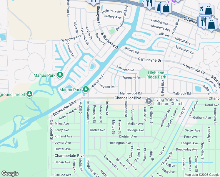 map of restaurants, bars, coffee shops, grocery stores, and more near 6763 Higdon Road in North Port