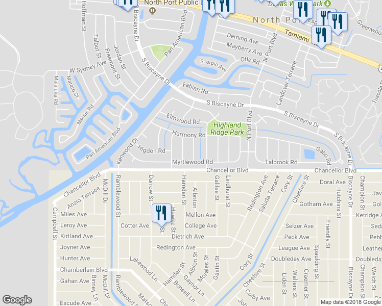 map of restaurants, bars, coffee shops, grocery stores, and more near 7569 Lyncrest Street in North Port