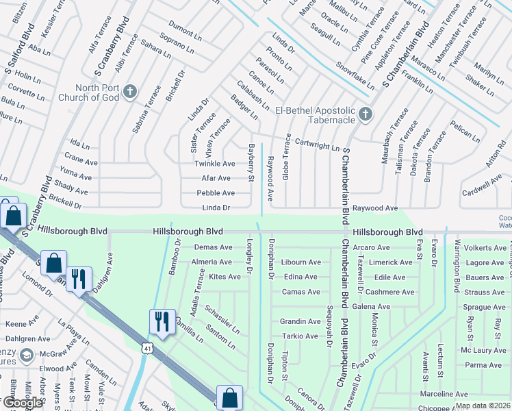 map of restaurants, bars, coffee shops, grocery stores, and more near 2623 Pebble Avenue in North Port