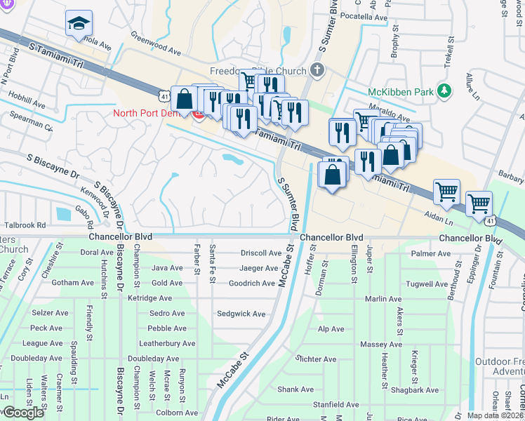 map of restaurants, bars, coffee shops, grocery stores, and more near 6687 Hauli Court in North Port