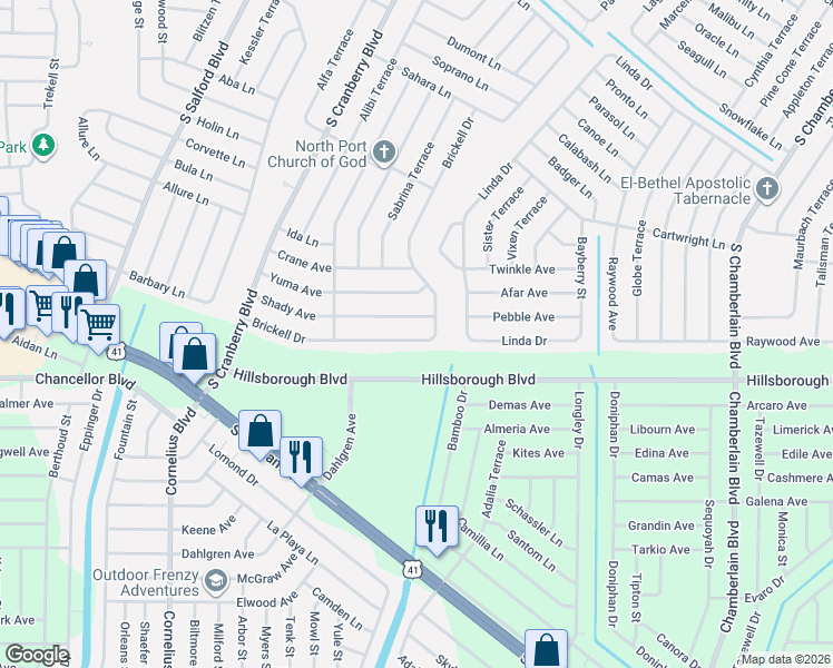 map of restaurants, bars, coffee shops, grocery stores, and more near 5814 Brickell Drive in North Port