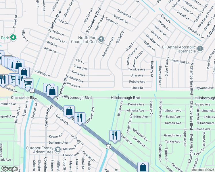 map of restaurants, bars, coffee shops, grocery stores, and more near 5814 Brickell Drive in North Port