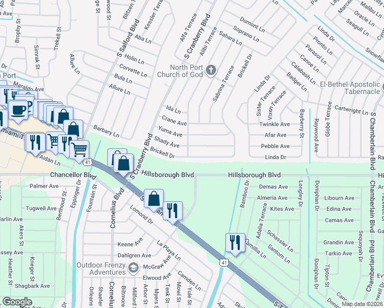 map of restaurants, bars, coffee shops, grocery stores, and more near 5894 San Luis Terrace in North Port