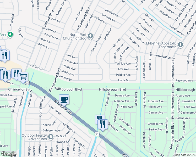 map of restaurants, bars, coffee shops, grocery stores, and more near 5814 Brickell Drive in North Port