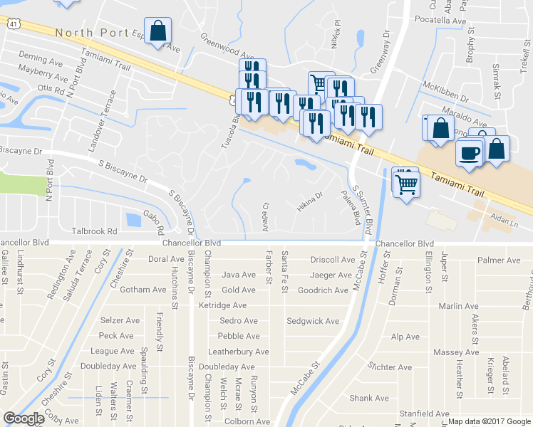 map of restaurants, bars, coffee shops, grocery stores, and more near 6848 Anapa Court in North Port