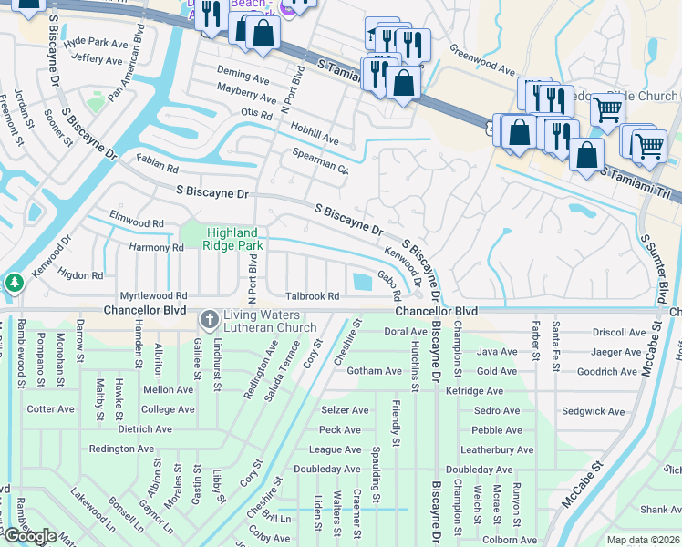 map of restaurants, bars, coffee shops, grocery stores, and more near 7523 Mayland Street in North Port