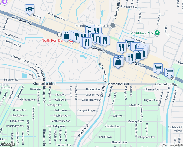 map of restaurants, bars, coffee shops, grocery stores, and more near 6687 Hauli Court in North Port