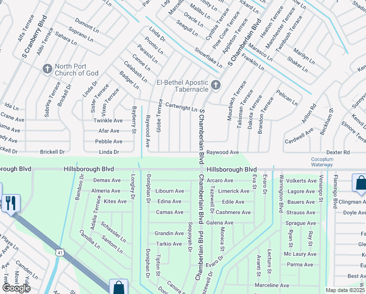 map of restaurants, bars, coffee shops, grocery stores, and more near 5466 Cornsilk Terrace in North Port