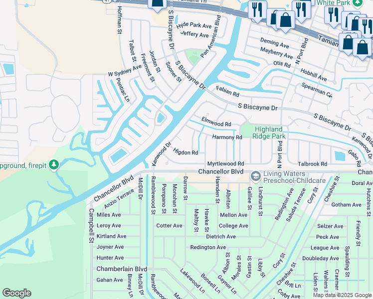 map of restaurants, bars, coffee shops, grocery stores, and more near 6780 Higdon Road in North Port