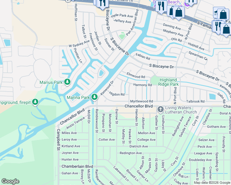 map of restaurants, bars, coffee shops, grocery stores, and more near 6780 Higdon Road in North Port