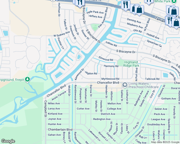 map of restaurants, bars, coffee shops, grocery stores, and more near 6780 Higdon Road in North Port