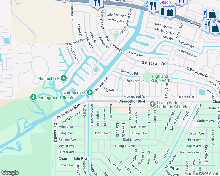 map of restaurants, bars, coffee shops, grocery stores, and more near 6780 Higdon Road in North Port