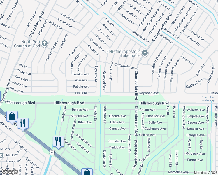 map of restaurants, bars, coffee shops, grocery stores, and more near 5417 Globe Terrace in North Port
