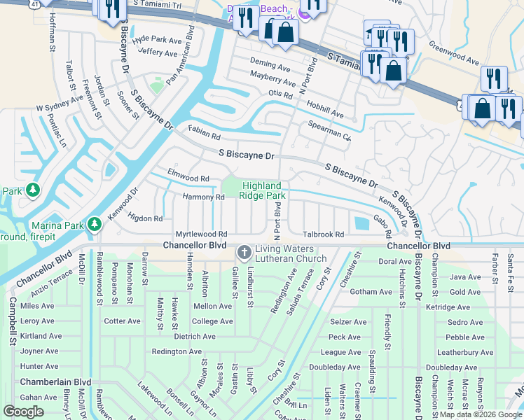 map of restaurants, bars, coffee shops, grocery stores, and more near 6093 Myrtlewood Road in North Port