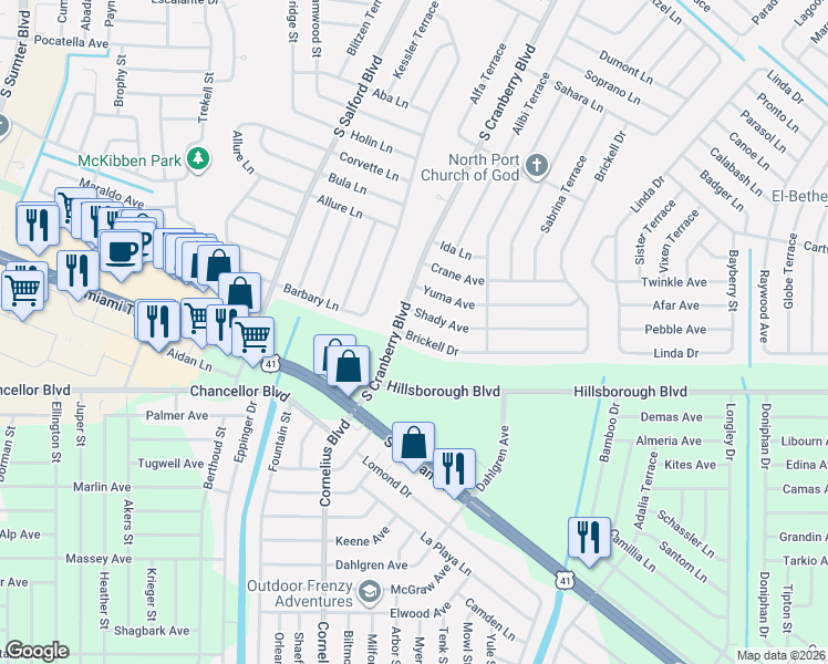 map of restaurants, bars, coffee shops, grocery stores, and more near 5977 South Brickell Drive in North Port