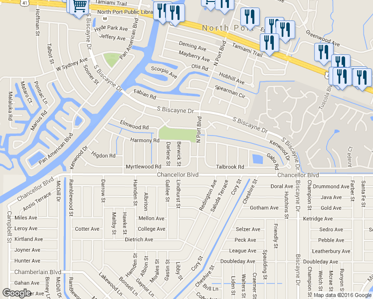 map of restaurants, bars, coffee shops, grocery stores, and more near 6093 Myrtlewood Road in North Port