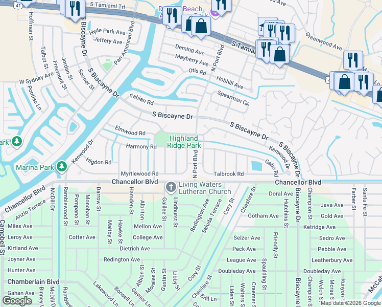 map of restaurants, bars, coffee shops, grocery stores, and more near 6093 Myrtlewood Road in North Port
