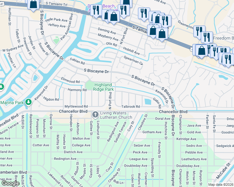 map of restaurants, bars, coffee shops, grocery stores, and more near 5906 Talbrook Road in North Port