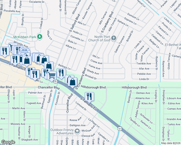 map of restaurants, bars, coffee shops, grocery stores, and more near 5977 South Brickell Drive in North Port