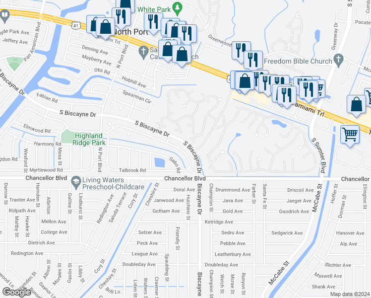 map of restaurants, bars, coffee shops, grocery stores, and more near 5439 Kenwood Drive in North Port