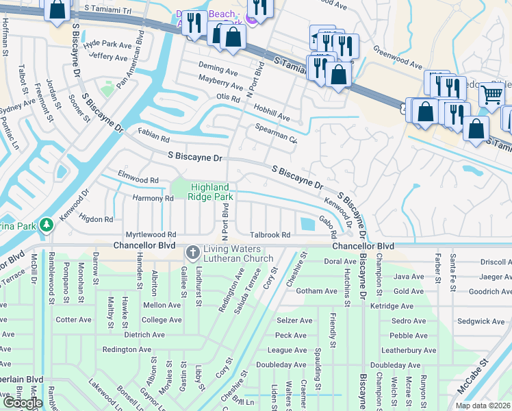 map of restaurants, bars, coffee shops, grocery stores, and more near 7537 Oxwood Street in North Port