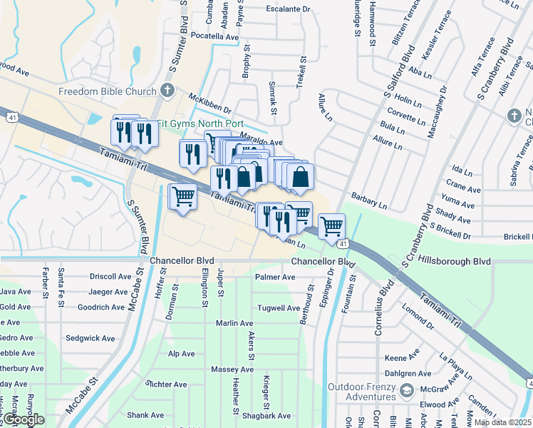 map of restaurants, bars, coffee shops, grocery stores, and more near U.S. 41 & Sumter Crossing Dr in North Port