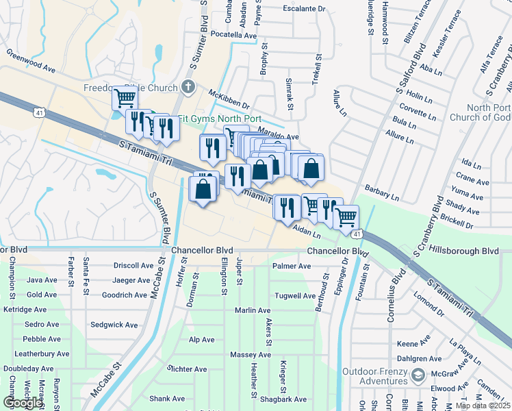 map of restaurants, bars, coffee shops, grocery stores, and more near 18120 Tamiami Trail in North Port