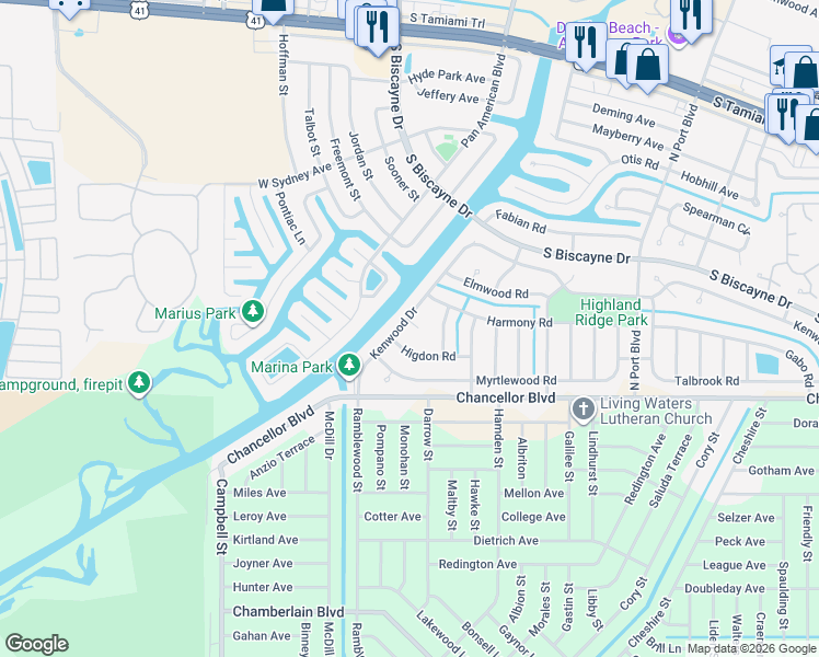 map of restaurants, bars, coffee shops, grocery stores, and more near 7146 Kenwood Drive in North Port