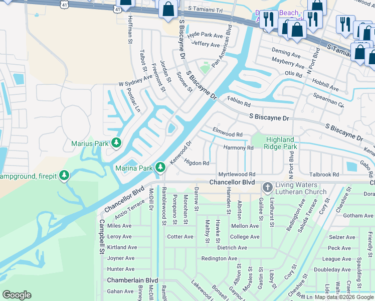 map of restaurants, bars, coffee shops, grocery stores, and more near 7146 Kenwood Drive in North Port