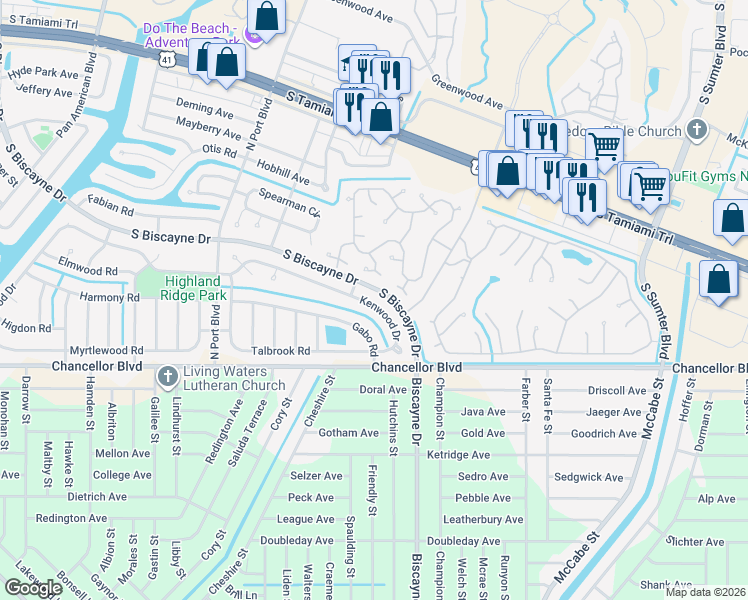 map of restaurants, bars, coffee shops, grocery stores, and more near 6766 Moonlight Court in North Port