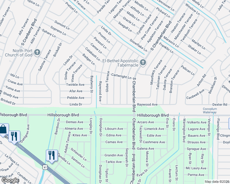 map of restaurants, bars, coffee shops, grocery stores, and more near 5225 Redwood Terrace in North Port